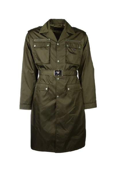 Shop Prada Belted Logo Plaque Trench Coat In F0161