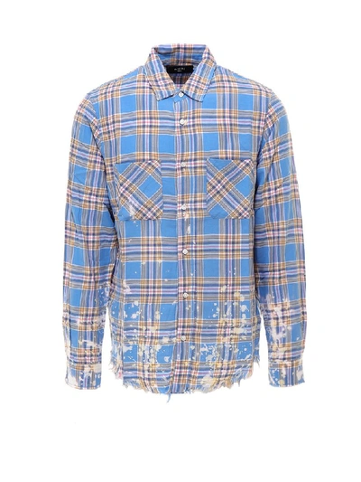Shop Amiri Distressed Check Splatter Effect Shirt In Blue