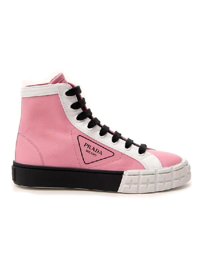 Shop Prada Logo High Top Sneakers In Pink