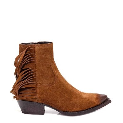 Shop Saint Laurent Lukas Fringed Ankle Boots In Brown