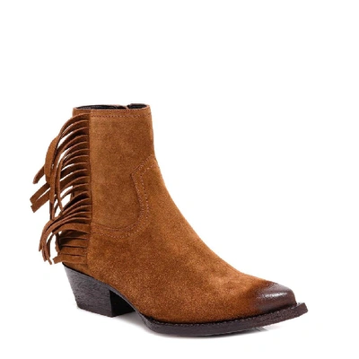 Shop Saint Laurent Lukas Fringed Ankle Boots In Brown