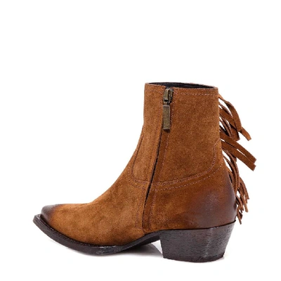 Shop Saint Laurent Lukas Fringed Ankle Boots In Brown