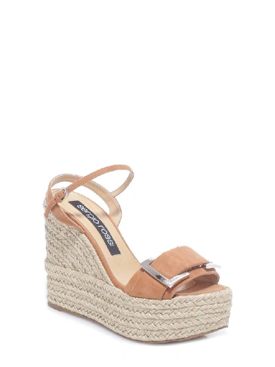 Shop Sergio Rossi Buckled Wedge Sandals In Brown