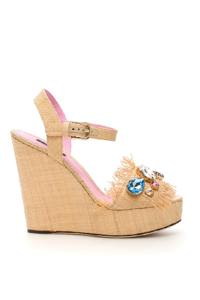 Shop Dolce & Gabbana Embroidered Wedge Sandals In Beige