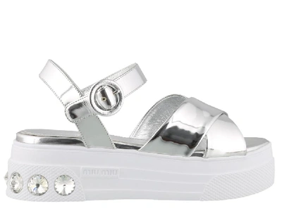 Shop Miu Miu Metallic Crystal Embellished Platform Sandals In Silver