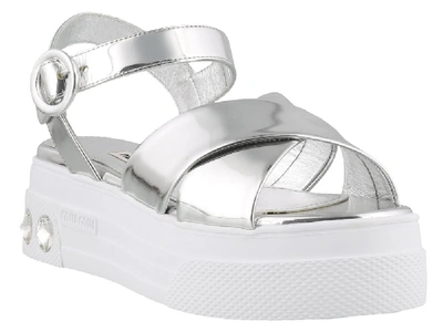 Shop Miu Miu Metallic Crystal Embellished Platform Sandals In Silver