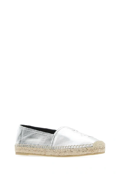 Shop Saint Laurent Metallic Embossed Logo Espadrilles In Silver