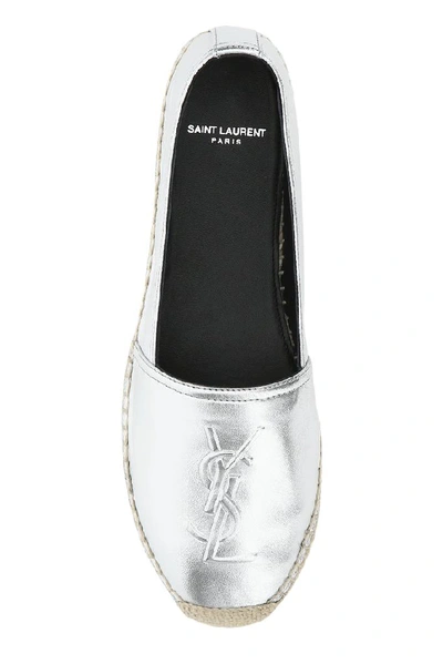 Shop Saint Laurent Metallic Embossed Logo Espadrilles In Silver