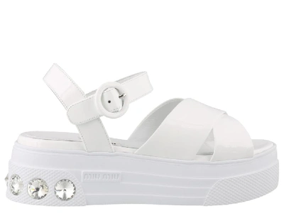 Shop Miu Miu Crystal Detail Platform Sandals In White