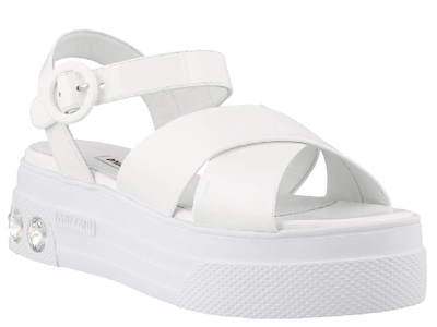 Shop Miu Miu Crystal Detail Platform Sandals In White