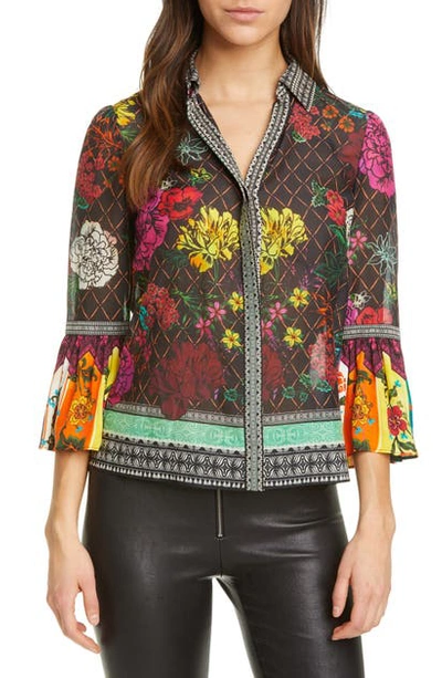 Shop Alice And Olivia Rivera Mixed Pattern Cotton & Silk Shirt In Retro Floral Multi/ Combo