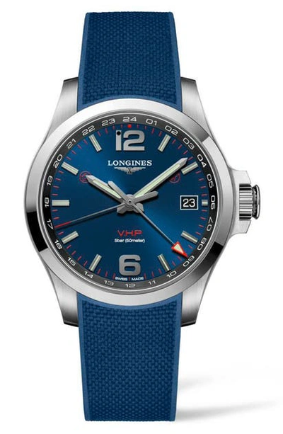 Shop Longines Conquest V.h.p. Rubber Strap Watch, 41mm In Blue/ Silver