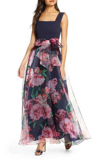 Shop Eliza J Flower Print Gown In Navy Multi