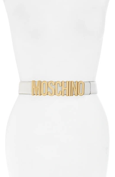 Shop Moschino Logo Buckle Leather Belt In White