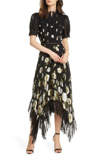 Shop Alice And Olivia Bettina Floral Lace Detail Handkerchief Hem Dress In Spring Shower Black