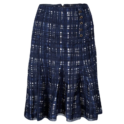 Pre-owned Tory Burch Navy Blue And White Checked Pleated Silk Wess Skirt L