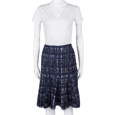 Pre-owned Tory Burch Navy Blue And White Checked Pleated Silk Wess Skirt L