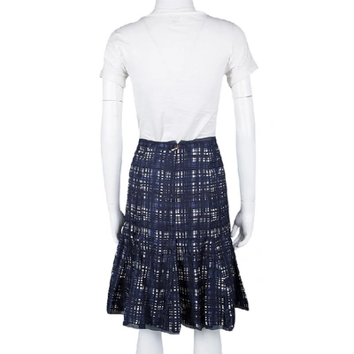 Pre-owned Tory Burch Navy Blue And White Checked Pleated Silk Wess Skirt L