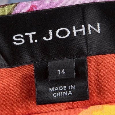 Pre-owned St John Orange Floral Printed Silk Ruffle Detail Skirt Xl