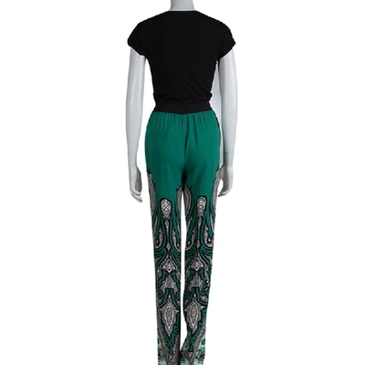 Pre-owned Etro Green Printed Silk Wide Leg Trousers S