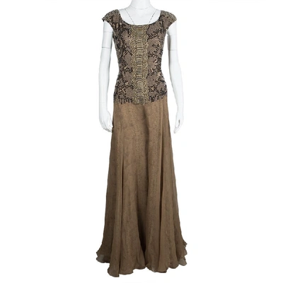 Pre-owned Saint Laurent Snakeskin Printed Silk Layered Embellished Sleeveless Gown S In Beige