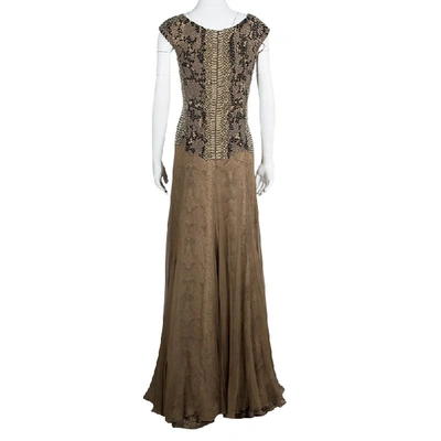 Pre-owned Saint Laurent Snakeskin Printed Silk Layered Embellished Sleeveless Gown S In Beige