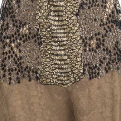 Pre-owned Saint Laurent Snakeskin Printed Silk Layered Embellished Sleeveless Gown S In Beige