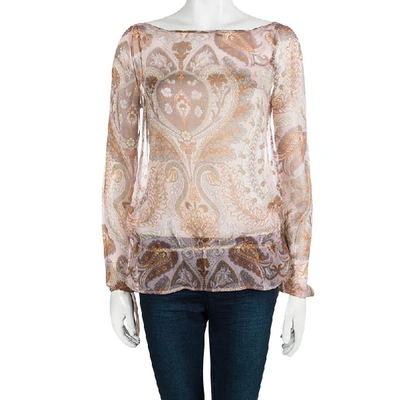 Pre-owned Kenzo Pink Paisley Printed Crinkled Silk Chiffon Long Sleeve Blouse M