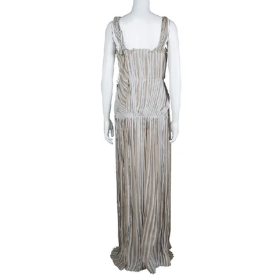 Pre-owned Alberta Ferretti Beige Silk Pleated Pintuck Detail Sleeveless Gown M