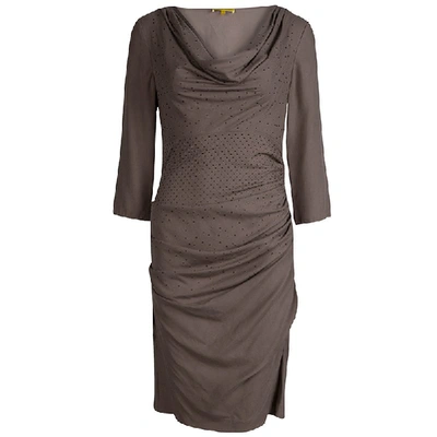 Pre-owned Catherine Malandrino Brown Silk Ruched Cowl Neck Embellished Dress S