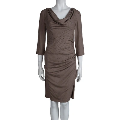 Pre-owned Catherine Malandrino Brown Silk Ruched Cowl Neck Embellished Dress S