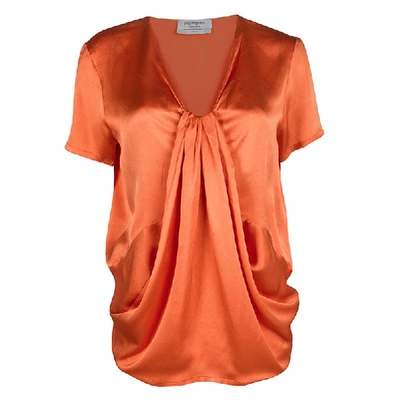 Pre-owned Saint Laurent Orange Silk Draped Front Short Sleeve Blouse M