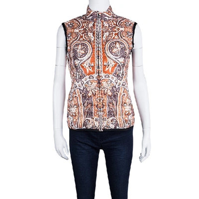 Pre-owned Etro Orange Paisley Printed Quilted Puffer Vest S