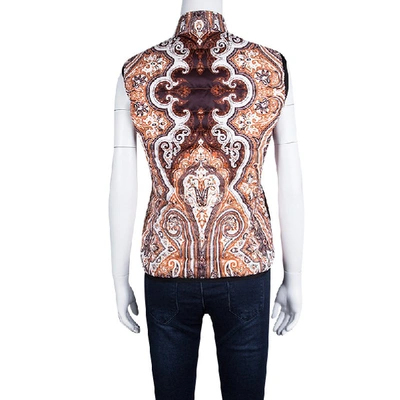 Pre-owned Etro Orange Paisley Printed Quilted Puffer Vest S