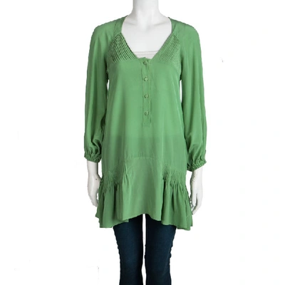 Pre-owned Ermanno Scervino Green Silk Pintucked Detail Long Sleeve Tunic S