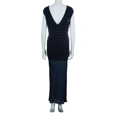 Pre-owned Alexander Wang T By  Navy Blue Striped Knit Upper Sheer Bottom Oversized Maxi Dress S