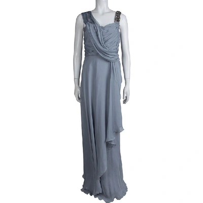 Pre-owned Matthew Williamson Grey Silk Draped Asymmetric Embellished Gown M