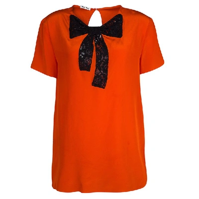 Pre-owned Miu Miu Orange Silk Contrast Lace Bow Detail Short Sleeve Top M