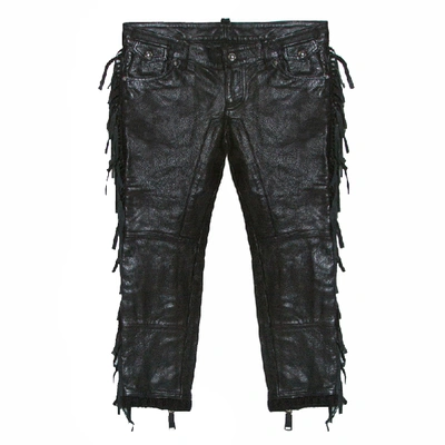 Pre-owned Dsquared2 Black Leather Fringed Trim Detail Cropped Pants S