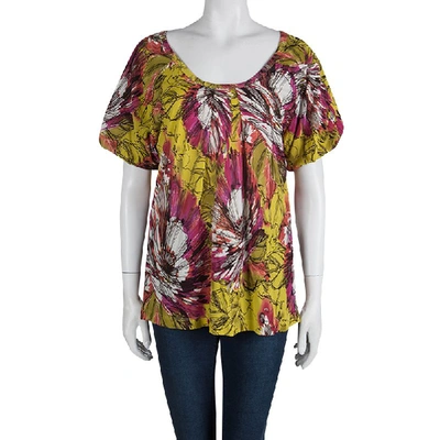 Pre-owned St. John Multicolor Floral Printed Silk Knit Short Sleeve Top L