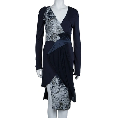 Pre-owned Prabal Gurung Navy Blue Brocade Detail Dress M