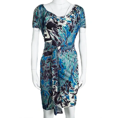 Pre-owned Emilio Pucci Multicolor Printed Silk Embellished Shoulder Detail Belted Dress S