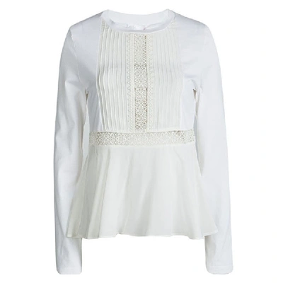 Pre-owned Chloé White Cotton Lace Insert Detail Ruffle Bottom Long Sleeve Top S