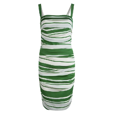 Pre-owned Dolce & Gabbana Green And White Striped Silk Ruched Sleeveless Dress M