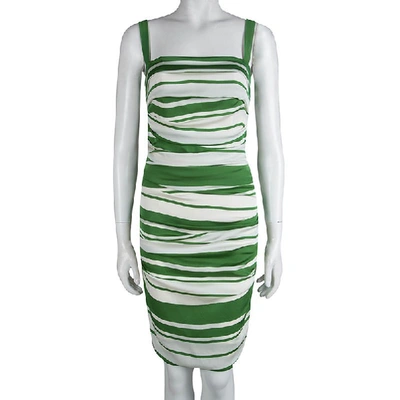 Pre-owned Dolce & Gabbana Green And White Striped Silk Ruched Sleeveless Dress M