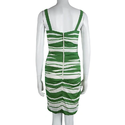 Pre-owned Dolce & Gabbana Green And White Striped Silk Ruched Sleeveless Dress M