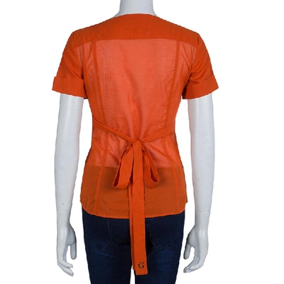 Pre-owned Gucci Orange Front Tie Detail Short Sleeve Cotton Blouse S