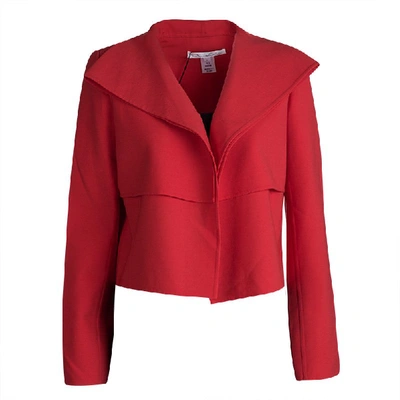Pre-owned Oscar De La Renta Red Wool Open Front Cropped Jacket M