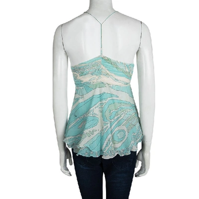 Pre-owned Emilio Pucci Blue Printed Silk Ruched Sleeveless Y Back Top S