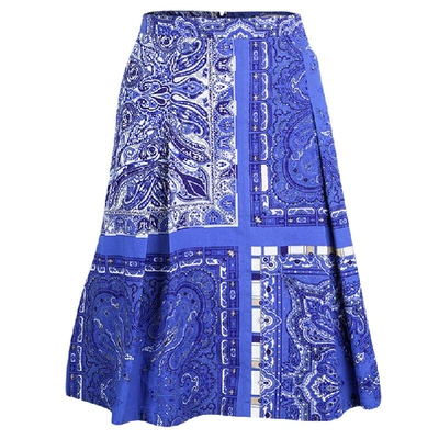 Pre-owned Etro Blue Paisley Printed Cotton Box Pleated Skirt M